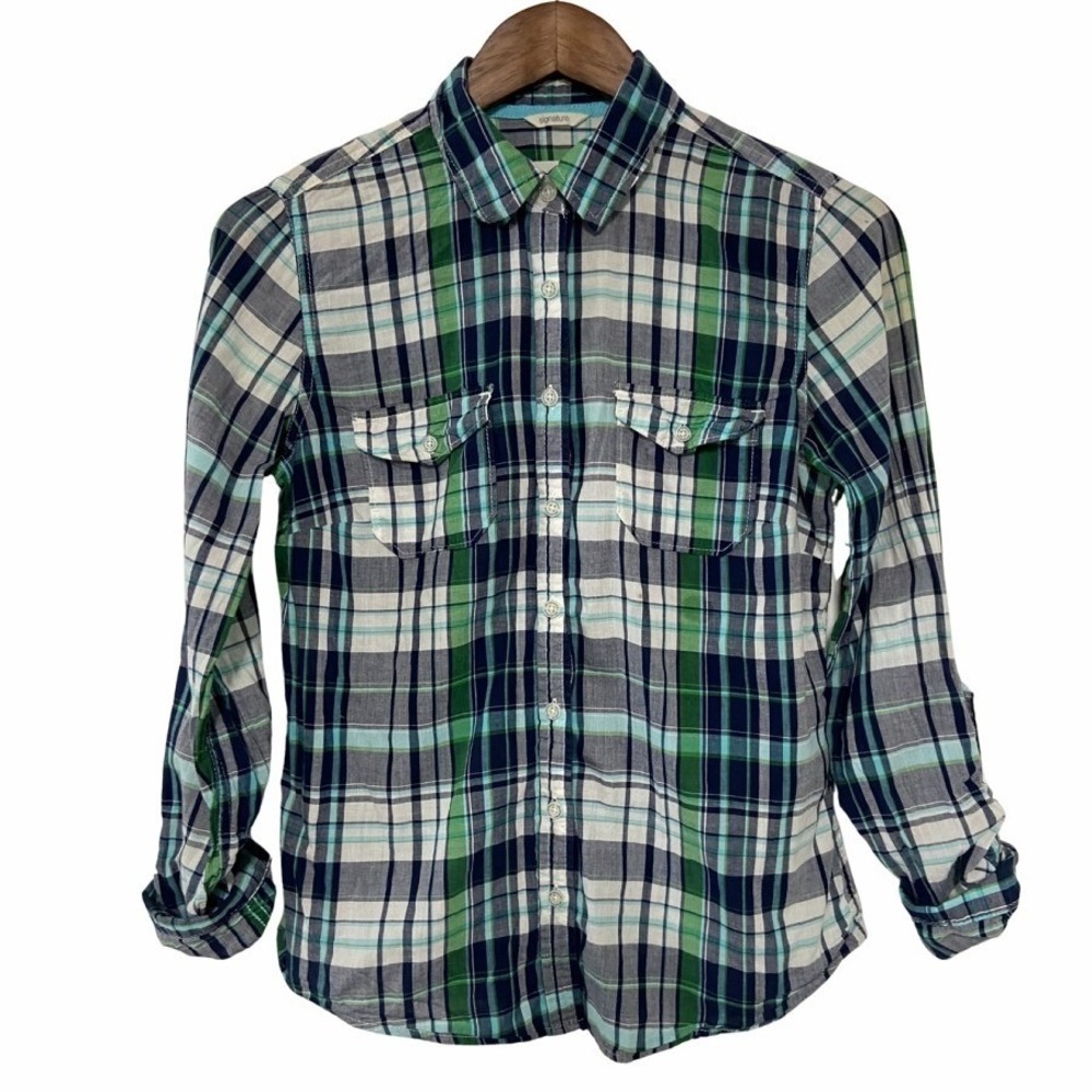 Aeropostale Men's Medium Plaid Roll Sleeve Button Up Shirt Green Blue Casual